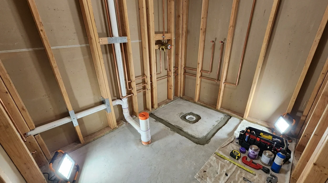Bathroom rough-in plumbing during remodel by Johns Plumbing LLC in Haymarket