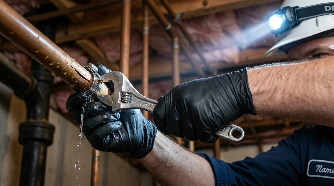 Emergency pipe clamp repair being performed by a Johns Plumbing LLC plumber in Haymarket