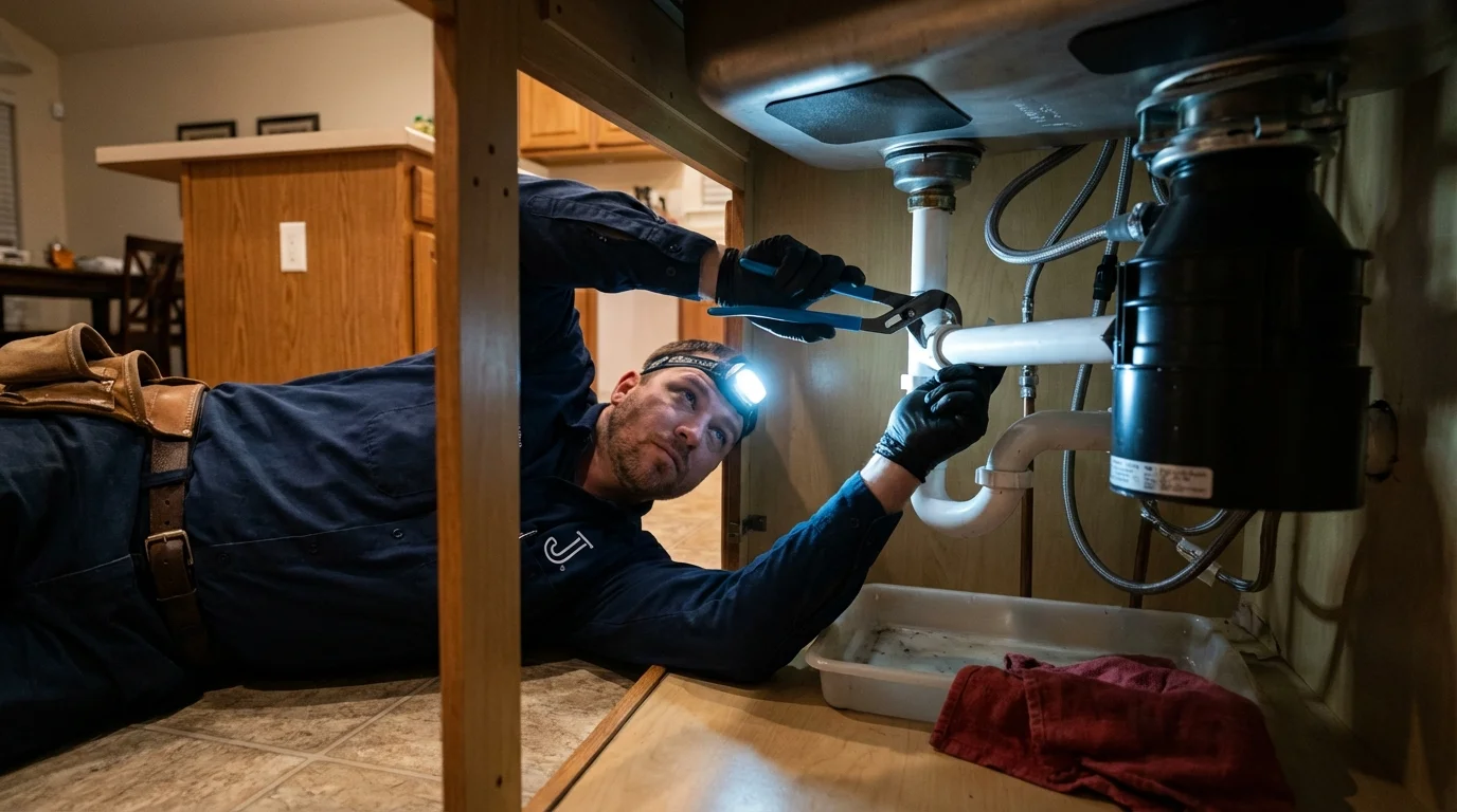 P-trap and supply line connections under a kitchen sink showing a common leak point in Haymarket, VA